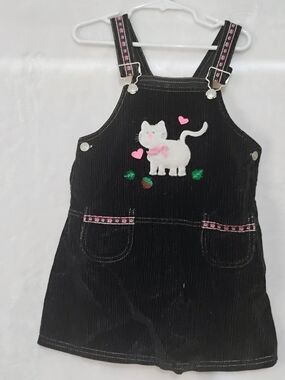 Vtg Baby Togs 5T ? Black Corduroy Fuzzy Cat Overall Jumper Dress Pockets T